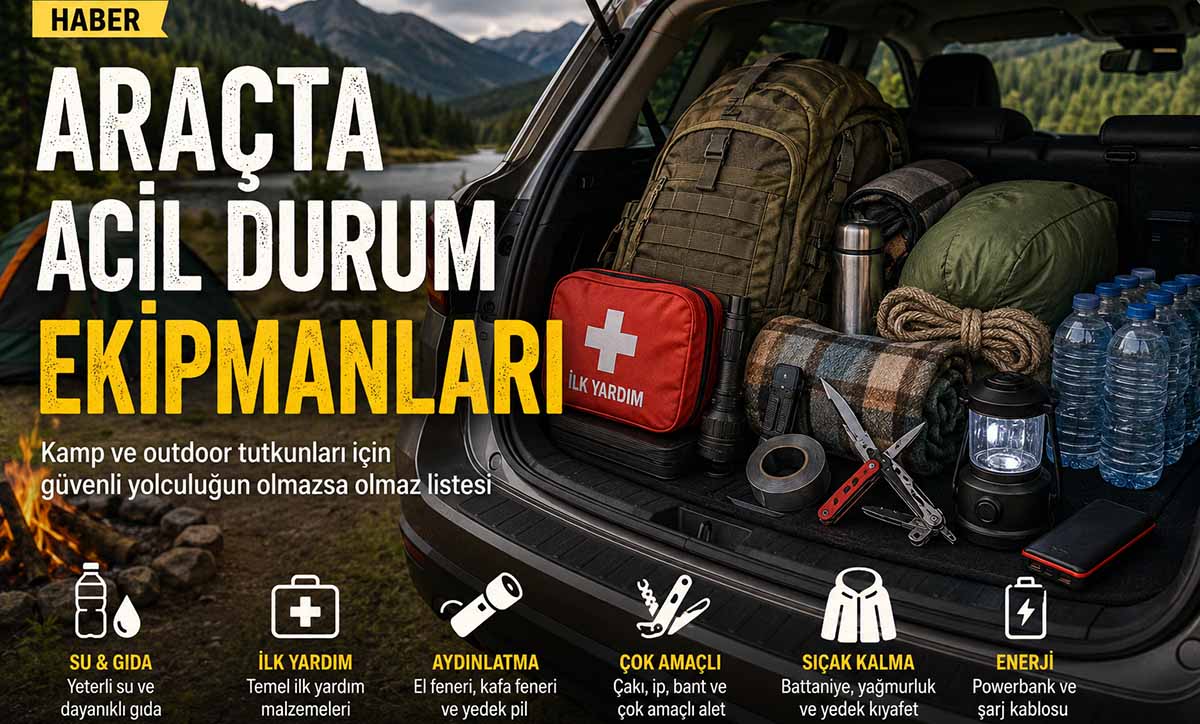 Araçta acil durum ekipmanları ve kamp outdoor hazırlık malzemelerini anlatan haber görseli