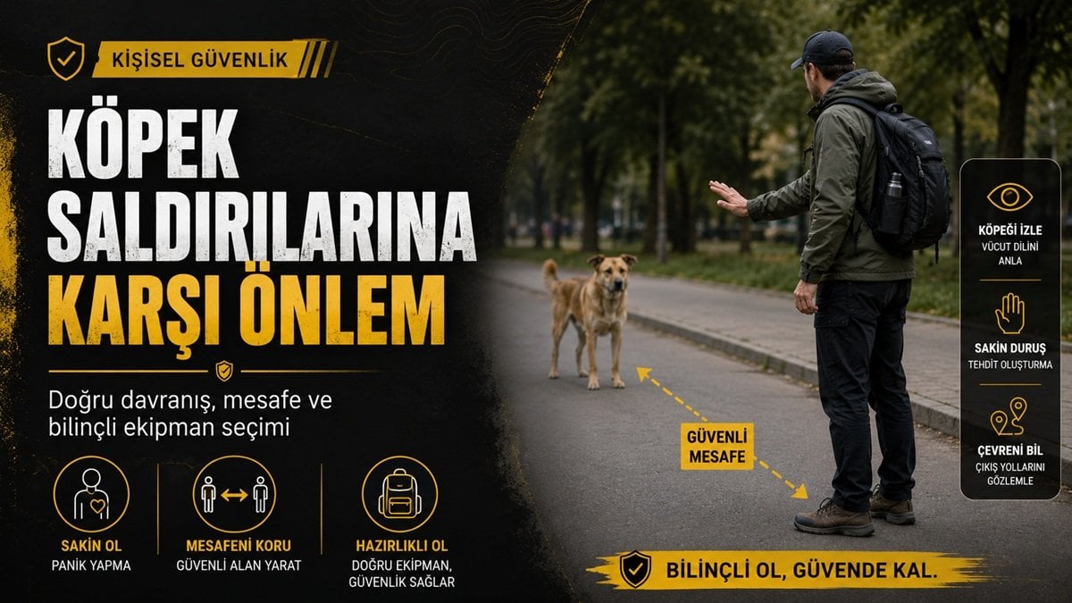 Köpek saldırılarına karşı önlem ve kişisel güvenlik ekipmanlarını anlatan haber görseli