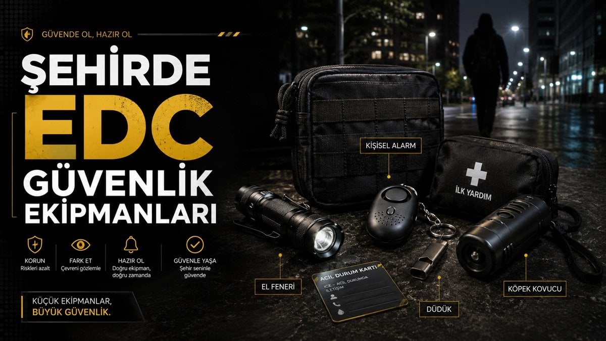 Şehirde EDC güvenlik ekipmanları ve günlük taşıma düzenini anlatan haber görseli
