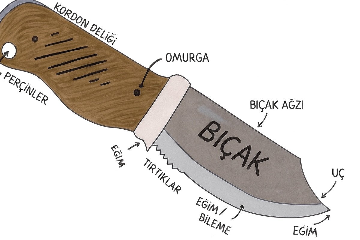 Bıçak anatomisi şematik fotoğrafı, parçaları etiketlenmiş diyagram