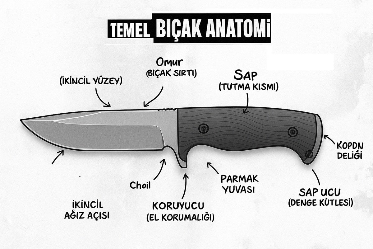 Bıçak anatomisi detaylı yakın çekim fotoğrafı, ağız, omur ve sap parçalarını gösteren şematik
