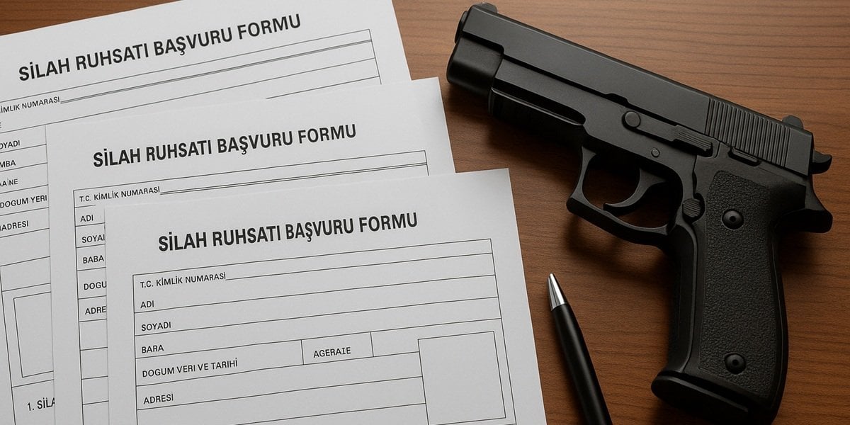 Silah ruhsatı başvuru formları, kalem ve tabanca figürlerinin bir arada olduğu bir masaüstü görünümü