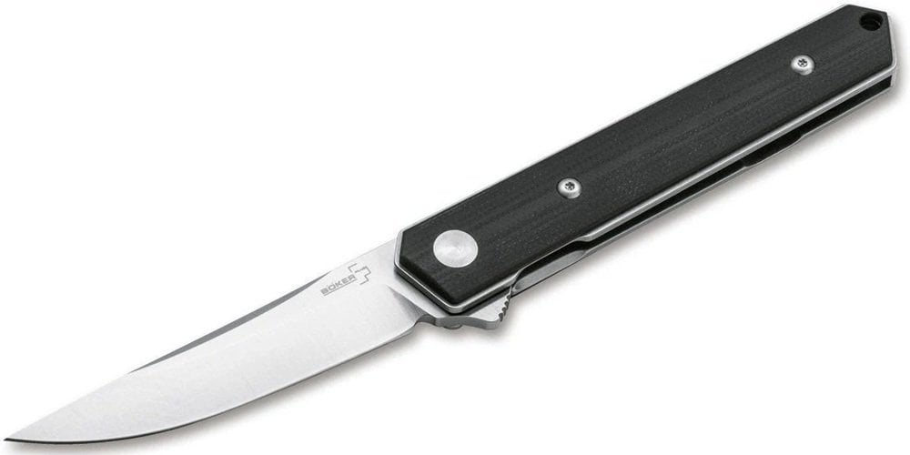 Boker Plus Kwaiken Flipper çakı detaylı yakın çekim fotoğrafı, flipper mekanizması gösteriliyor